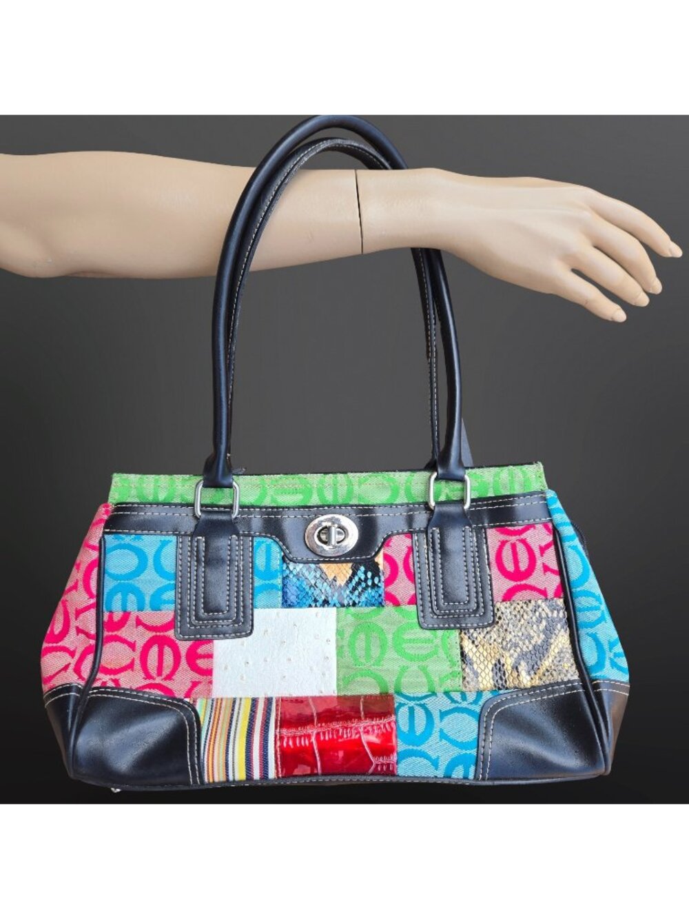 Vintage Y2K Patchwork Shoulder Bag Handbag Faux Leather Black Multicolor